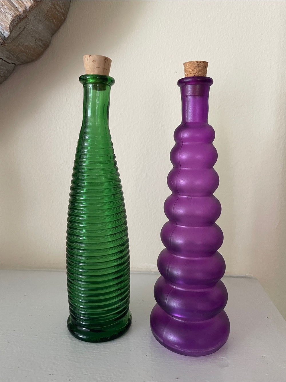 Green and Purple Ribbed Glass Decorative Bottles with Cork